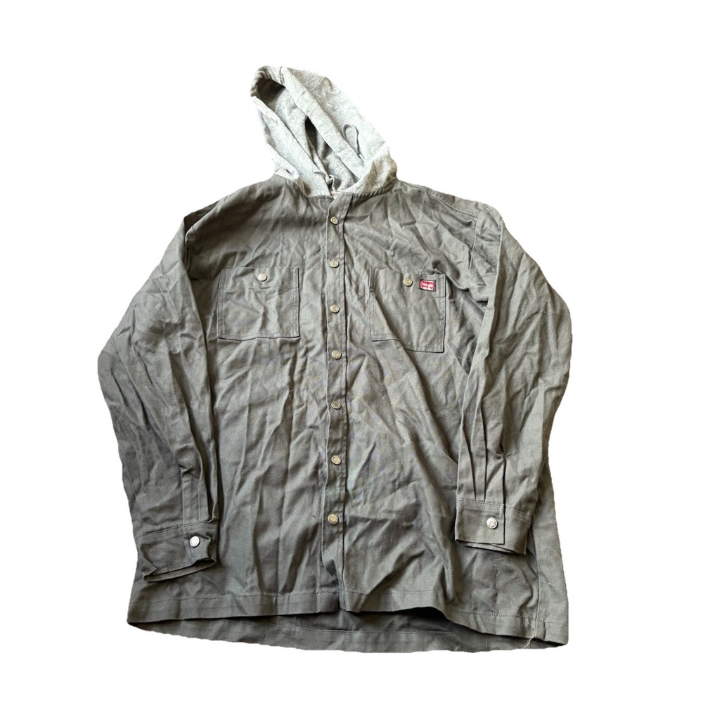 Wrangler Workwear Canvas Gray Hooded Jacket Full Metal Button Mens XL‎ 46-48